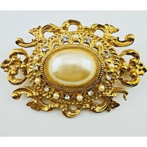Vintage Richelieu Brooch Faux Pearl Rhinestone  Gold Tone Ornate 2.5” Excellent